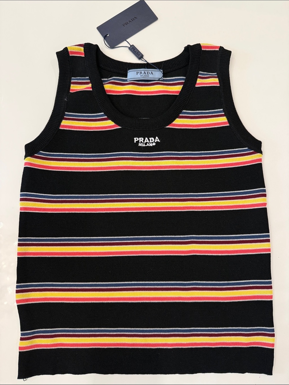 Prada Black Striped Knit Tank Top with Pink, Yellow & Blue Stripes - Picture 3 of 13